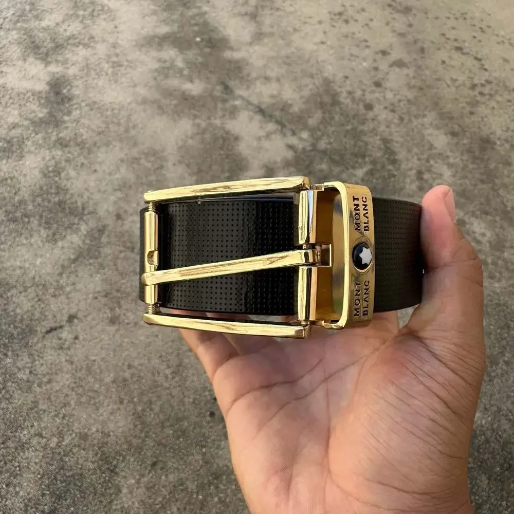 Montblanc Rectangular Shiny Gold Pin Buckle Perforated Black Leather Belt
